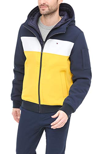 Image of Tommy Hilfiger Men's Soft Shell Fashion Bomber With Contrast Bib and Hood