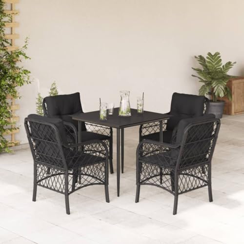 Ensemble de Jardin 5 Pièces Noir avec Coussins, Table et 4 Chaises en Résine Tressée pour Repas en Extérieur, Salon, Terrasse ou Balcon, Design Moderne et...