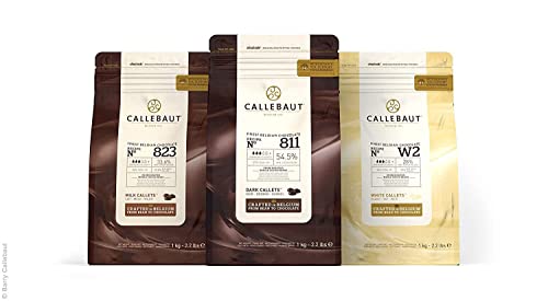 Callebaut Chocolate Bundle- 3x1kg Milk Dark & White Couverture Chocolate Callets- Belgian Chocolate Chips for Baking- Combine Pack of Callebaut White Chocolate Callets Dark & Milk Chocolate Callets