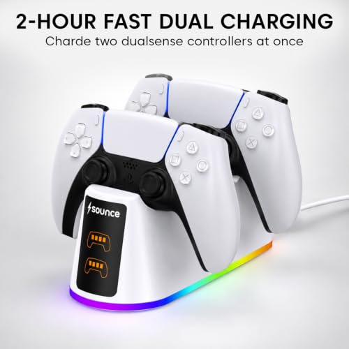 Image of Sounce PS5 Controller Charging Station, 2-Hour Fast Dual Charger Dock for PlayStation 5 DualSense Controllers, Charges Two Controllers at Once with 2 Included Charging Cables (White).