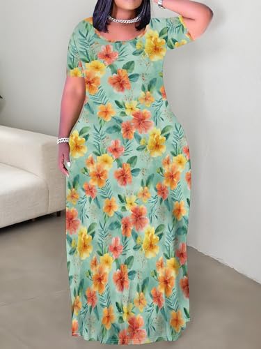 Image of PinkPatty Plus Size Dress for Women Casual Crew Neck Short Sleeve Maxi Dress Oversized Summer Beach Dresses with Pockets