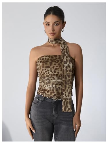 Milumia Women's Cheetah Print Tube Tops Y2k Strapless Mesh Bandeau Top with Scarf Going Out Club Rave4
