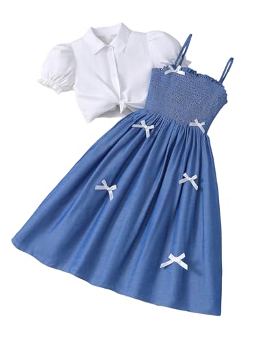 GORGLITTER Girl's 2 Piece Outfits Puff Sleeve Button Down Shirt and Bow Smocked Dress Set