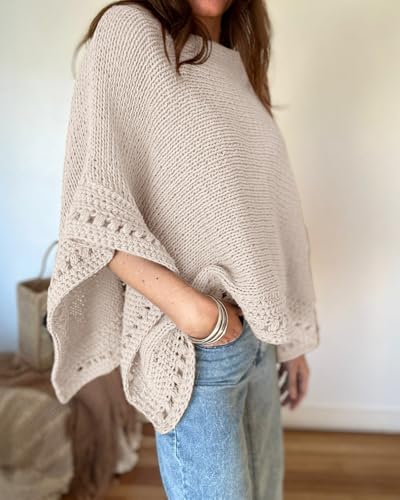 CHICME Women's Knit Tops 2025 3/4 Batwing Sleeve Tops for Women Hollow-Out Pattern Edges Crochet Top Casual Pullover Sweaters2