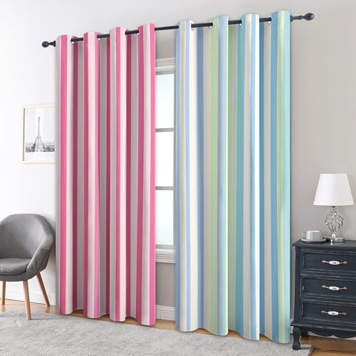 Pink Blue Vertical Striped Curtains Blackout, 66x90 Inch 2 Panels - Modern Pattern Black Out Curtains, Home Decor, 90 Drop Eyelet Window Drapes for Bedroom, Living Room DS115
