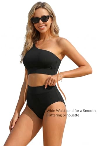 Image of Holipick Women One Shoulder High Waisted Bikini Sets Two Piece Swimsuit Tummy Control Bathing Suit Full Coverage Swimwear