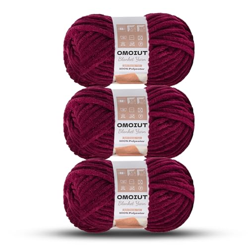 Image of 3 Pack of Burgundy Chunky Chenille Yarn for Crocheting, Soft Baby Blanket Yarn, Chunky Knit Blanket Crochet Yarn, #7 Super Bulky, 10.6oz /164 yds Fluffy Velvet Amigurumi Yarn