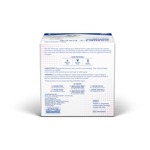 Rite Aid First Aid Gauze Pads, Variety Pack - Includes 25 Assorted Gauze Pads & Tape | Sterile Gauze Pads | First Aid Kit | Wound Care Supplies