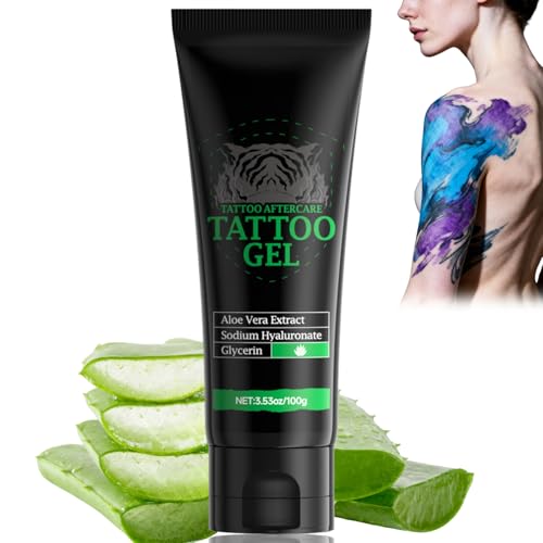 Tattoo Aftercare Gel, Tattoo Healing Gel and Body Moisturiser, Tattoos Soothing Cream with Aloe Vera, Invisible Hydrating Formula for New and Old Tat-toos, Fast Absorbing, Non-Greasy Daily Care,100g