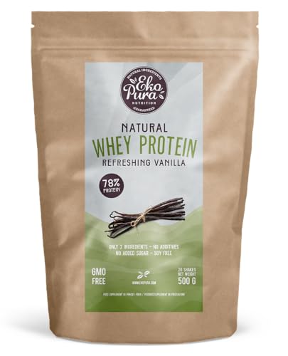 Ekopura Natural Whey Protein - Vanilla - 500g | 78% Protein | 100% Natural Grass Fed Whey| Hormonfrei, GMO-frei, Soja-frei, ohne Zusatzstoffe, ohne Zuckerzusatz | Muskelwachstum und Erholung