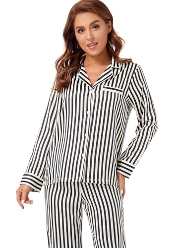 Image of Serenedelicacy Women's Satin Pajama Set Long Sleeve Button Down Sleepwear 2-Piece Silky Pj Set