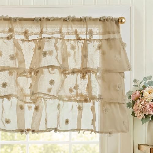 jinchan Ruffled Kitchen Valance Pom-Pom Sheer 1 Panel 18 Inch Beige
