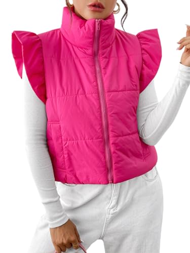 Ruffle Sleeve Cropped Puffer Vest Zip Up Sleeveless Padded Outwear Warm Stand Collar Coats Cutecore Aesthetic Clothes