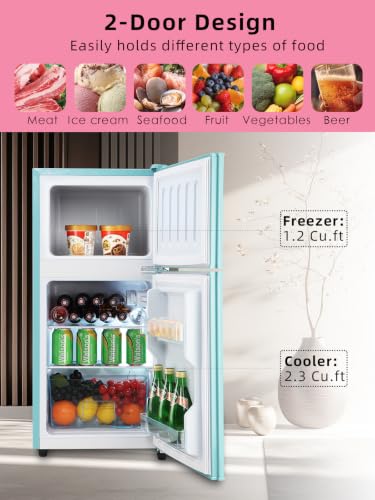 Image of F.W.WOOLWORTHS Refrigerator with Freezer 3.5 Cu.Ft Blue | 7 Level Temp Adjustable Thermostat, Compact Fridge with 2 Doors for Office, Kitchen, Dorm and Bedroom, Blue