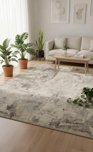 Image of 3x5 Feet (90x150 CM) Carpet for Bedroom Living Room & Hall - Beige Botanical Modern Abstract Geometric Silk-Touch Luxury Hotel-Style Washable Anti-Skid Turkish Area Rug