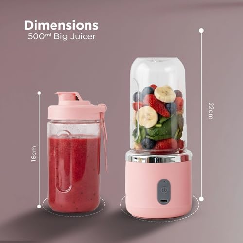 Image of ZENOVIA Portable Juicer Bottle, Pink | Dual Cup, USB Rechargeable Smoothie Maker, Leakproof Mini Juicer, For Travel, Gym & Kitchen
