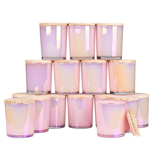 SHOWIN Thick Candle Jars for Making Candles 16 Pcs, 7 OZ Empty Jars with Wood Lids for Candle Making, Sample Container, Glitter Pink