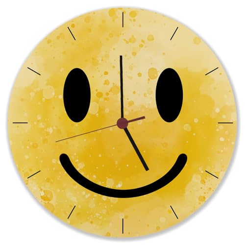 Grinsendes Emoticon gelbe Wanduhr witzige Uhr mit gelbem Strichgesicht für Gute Laune auf der Arbeit im Büro oder einfach als lustige Dekoration Grinsendes Emoticon gelbe Wanduhr witzige Uhr mit gelbem Strichgesicht für Gute Laune auf der Arbeit im Büro oder einfach als lustige Dekoration