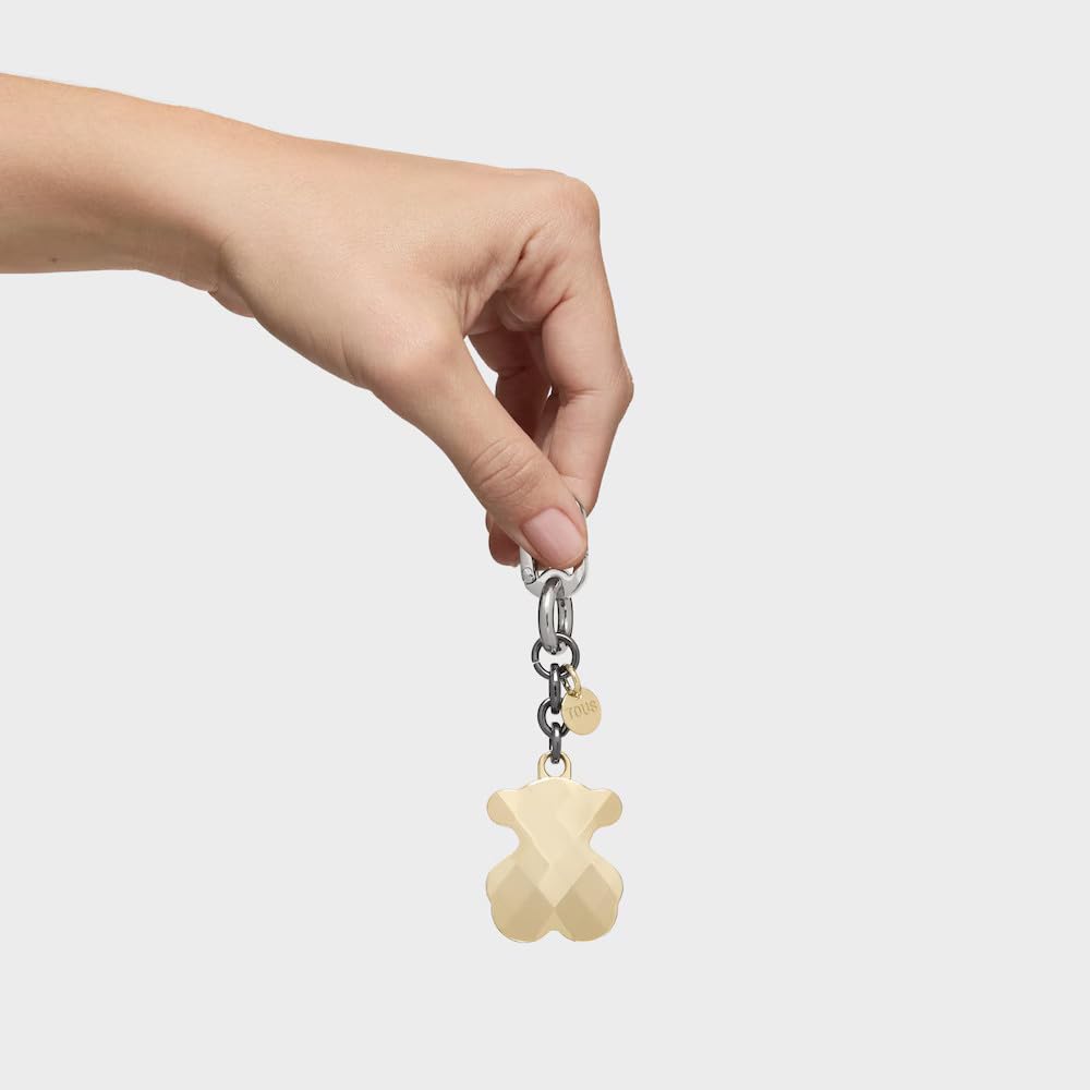TOUS Schlüsselanhänger mit Facettiertem Teddybär, goldfarben, schwarze und silberne Kette, dekorativer Charm