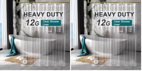 Image of AmazerBath Heavy Duty Shower Curtain Liner 12 Gauge, 72 x 78 Inches Clear Shower Curtain Liner with 3 Clear Stones and 12 Grommet Holes, Weighted Plastic Shower Liner (Pack of 2)