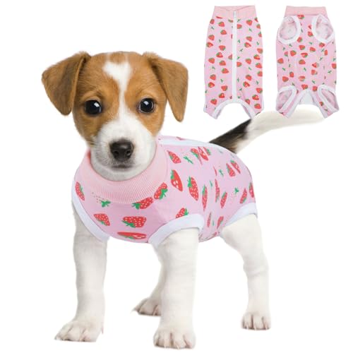 Image of BRKURLEG Small Dog Recovery Suit After Surgery Female Male, Back Zipper Spay Recovery Suit for Dogs & Cats, Anti-Licking Puppy Surgical Onesie for Abdominal Wound, Cone Alternative, Pink M