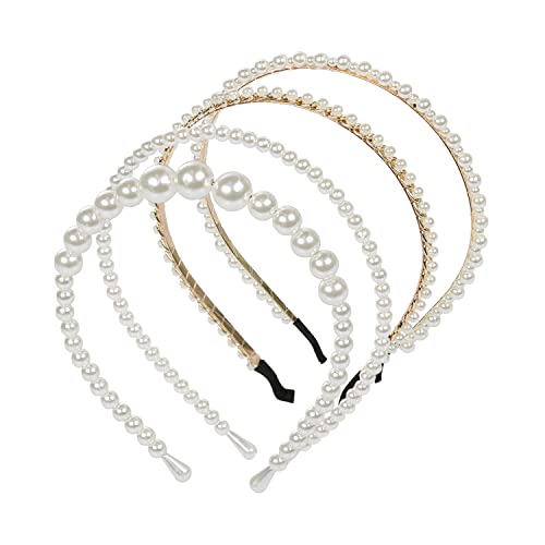 4 Pack Pearls Headbands, White Faux Pearl Hairbands, Wedding Headband Hair Hoop Accessories for Women Girls