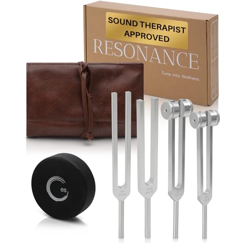 Resonance Tuning Forks for Healing Set - 128Hz, 136.1Hz, 256Hz, 384Hz Weighted & Unweighted Tuning Fork Set Includes Hockey Puck Activator - Chakra Sound Therapy Instruments in a Vegan Leather Pouch