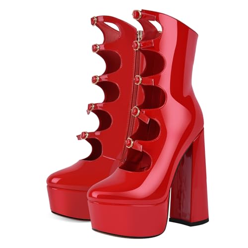 Women's Platform High Heels Side Zipper Adjustable Buckles Block Heel Pumps Shoes