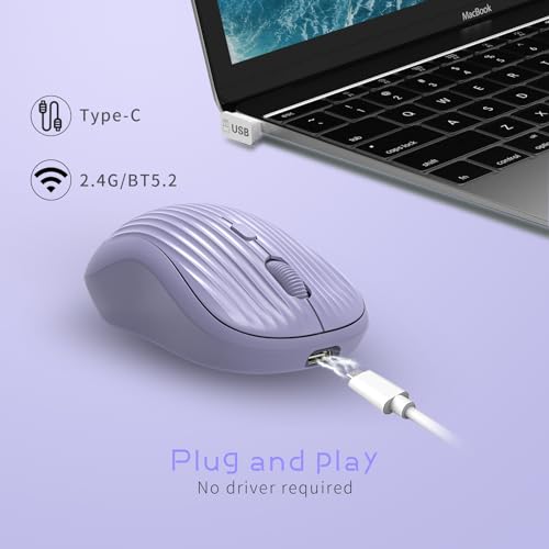 Image of ONE-UP Wireless Mouse, 2.4G + BT, Rechargeable Battery, 4-Key, DPI: 800 /1200 /1600, Silent, Type-C, USB Nano Receiver, Ergonomic, Portable, for Laptop, Chromebook, PC, Mac, Windows (Violet)