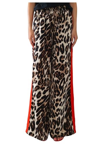 COZYEASE Women's Leopard Print Wide Leg Pants Cheetah Drawstring Waist Color Block Long Trousers2