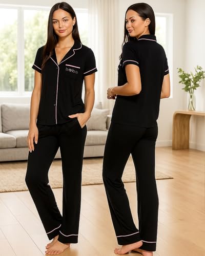 Image of bebe Womens 2 Piece Bridesmaid Pajamas Set Short Sleeve Button Down Shirt and Pants