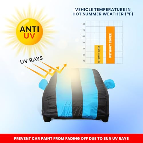 Image of Autofact Car Body Cover for MG Windsor, Triple-Stitched, Windproof with Buckle Belt, Elastic Hem, UV Protection, Scratchproof & Dustproof, Soft Feather Fabric for All-Weather Protection (Teak Blue)