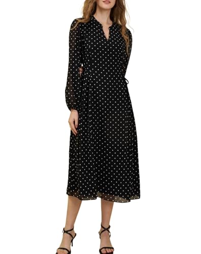 Women's Long Sleeve Midi Dress Spring 2025 Floral Tie Waist Chiffon Polka Dot Work Wedding Guest Dress with Pockets