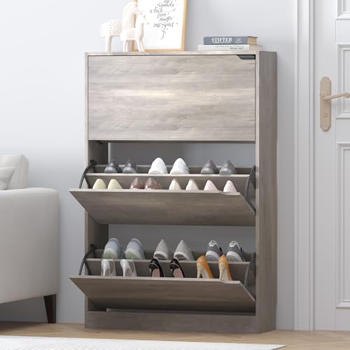 Image of HUANLEGO Grey Shoe Cabinet for Entryway with 3 Flip Drawers, 31.5 inch W | Hidden Shoe Rack for Entryway, Freestanding Shoe Storage for Hallway,, Living Room, Entrance Organizer Closet