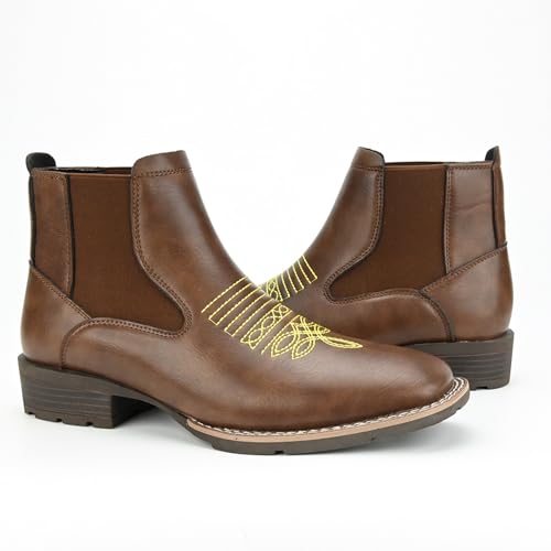 Men Western Ankle Cowboy Boots Square Toe Embroidered Pull On Chelsea Ankle Booties Comfort Casual Dress Retro Slip On Short Boots3