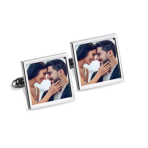Personalisierte Foto-Manschettenknöpfe,OXYEFEI Maßgeschneiderte Foto-Manschettenknöpfe mit Einem Foto Lhrer Wahl Edelstahl Quadrat Runde Manschettenklammern Groomsmen Geschenk (Quadrat) Cover