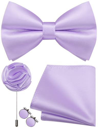 Ailisus Herren-Fliege und Einstecktuch, Manschettenknöpfe, Anstecknadel-Set, Seide, vorgebundene Fliege, verstellbar, Hochzeit, Party, Business, lavendel, Einheitsgröße