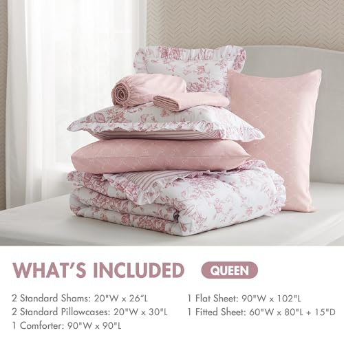 Image of Madison Park Essentials Adele Pink Floral Queen Size Comforter Set - Vintage Bed in a Bag with Sheets, Reversible Ruffle Bedding, Elegant Gift for Her