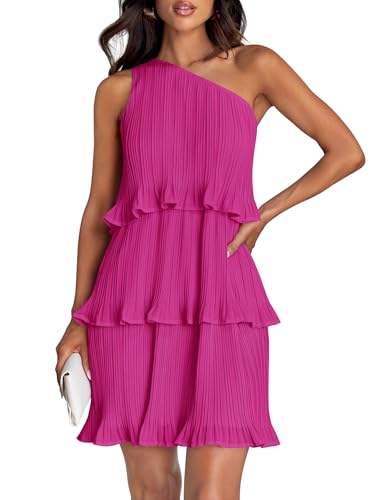 Image of ZESICA Women's 2025 Summer Sleeveless Mini Dress Boho One Shoulder Ruffle Tiered Layered Flowy A Line Dresses