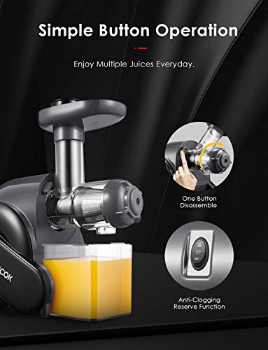 Juicer Machines, Aicok Slow Masticating Juicer with Quiet Motor, Safe Lock, & Reserve Function, Easy to Clean, with Recipes for Multiple High Nutrient Juice