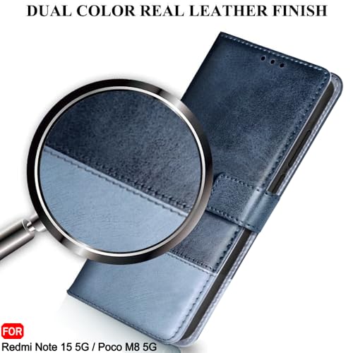 Image of TheGiftKart Flip Back Cover Case for Mi Redmi Note 15 / Note 15 SE /Poco M8 5G | Dual-Color Leather Finish | Inbuilt Stand & Pockets | Wallet Style Flip Back Case Cover (Faux Leather, Blue & Sky)