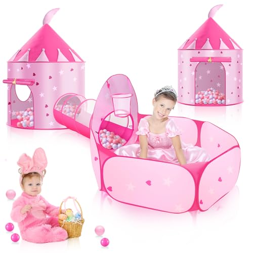 HOTUT Tienda Campaña Infantil + Piscina de Bolas + Túnel Plegable 3 en 1 Pop Up, Parque Infantil Emergente, Tienda para Niños, Exterior Interior Juguetes Niños Niñas Bebes Casitas Tela Tipi (Rosa)