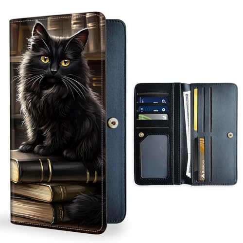 Womens Wallet,RFID Blocking Credit Card Slim Thin Holder,Long Bifold PU Leather Card Organizer,Cash Clutch Billfold Pocket Ladies Minimalist Travel Wallets,Cute Black Cat Books Bookshelf - Main Image