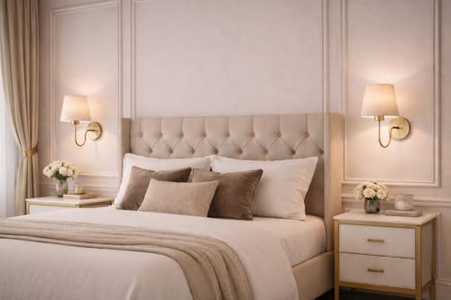 Image of Elegant Wall Lamp with Fabric Shade & Gold Metal | E-27 Holder Base and Bulb | Classic Indoor Wall Lamp for Bedroom, Living Room & Hallway(Without Bulb).