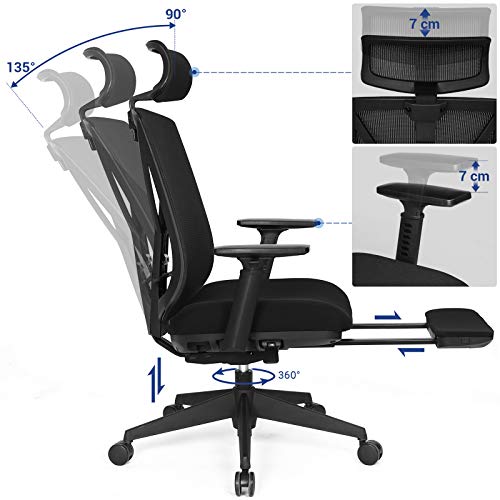 SONGMICS Sedia da Ufficio Ergonomica, Sedia da Scrivania con Poggiapiedi Allungabile, Meccanismo di Inclinazione (90-135°), Poggiatesta Regolabile, Portata 150 kg, Nero OBN61BKV1