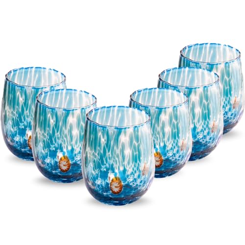 Gocce di Murano 6 Bicchieri Acqua Lavorati Secondo la Tradizione degli Artigiani di Murano, Bicchiere Soffiato e Lavorato a Mano 300 ml - Bicchieri Acqua Vetro Arcobaleno Pioggia