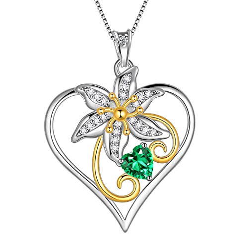 Birth Flower Pendant Necklace with Birthstone - 925 Sterling Silver Birth Month Flower Lily Pendant May Emerald Green Crystal Necklace Birthday Christmas Valentine's Day Jewelry Gifts for Mom Wife Her DP0350G