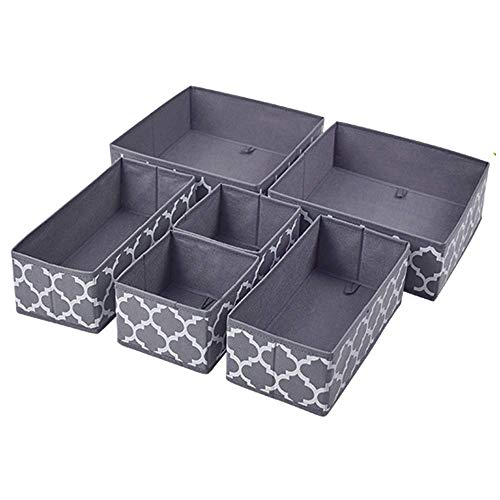 Image of Foldable Set of 6 Cloth Storage Box Closet Dresser Drawer Organizer Cube Basket Bins Containers Divider with Drawers for Underwear, Bras, Socks, Ties, Scarves (Set of 6 - Grey Lantern)