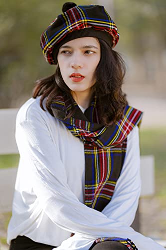Image of Scottish Tam O' Shanter Hat Tartan Bonnet Pom Pom Wool Flat Cap One Size