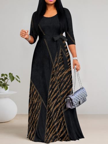 Image of Women's V Neck Floral Maxi Dress 3 /4 Sleeve Plus Size Boho Wrap Flowy Long Dresses with Belt